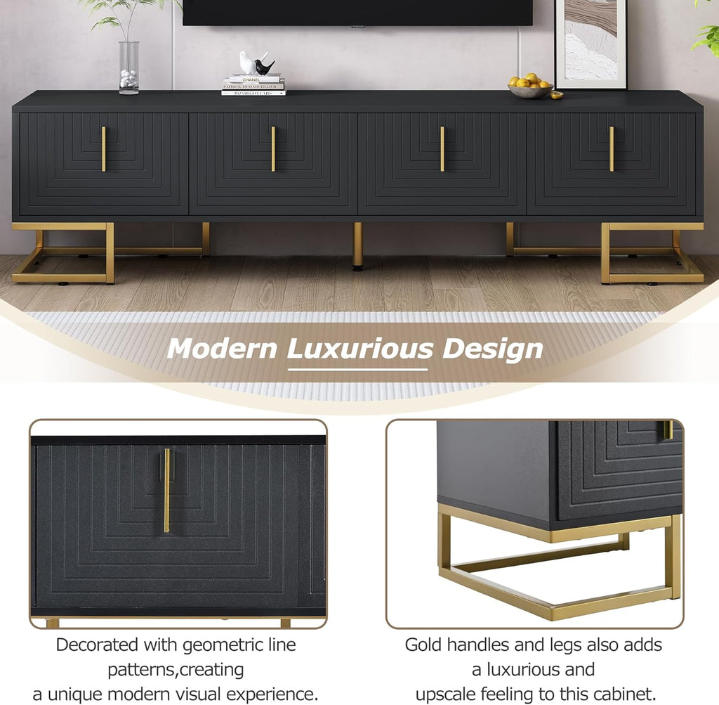 Merax Modern TV Stand with Metal Legs, Gold Handles, Geometric Lines and Adjustable Shelves for TVs Up to 80'', Media Console Table, Luxury Storage Cabinets for Living Room, Black