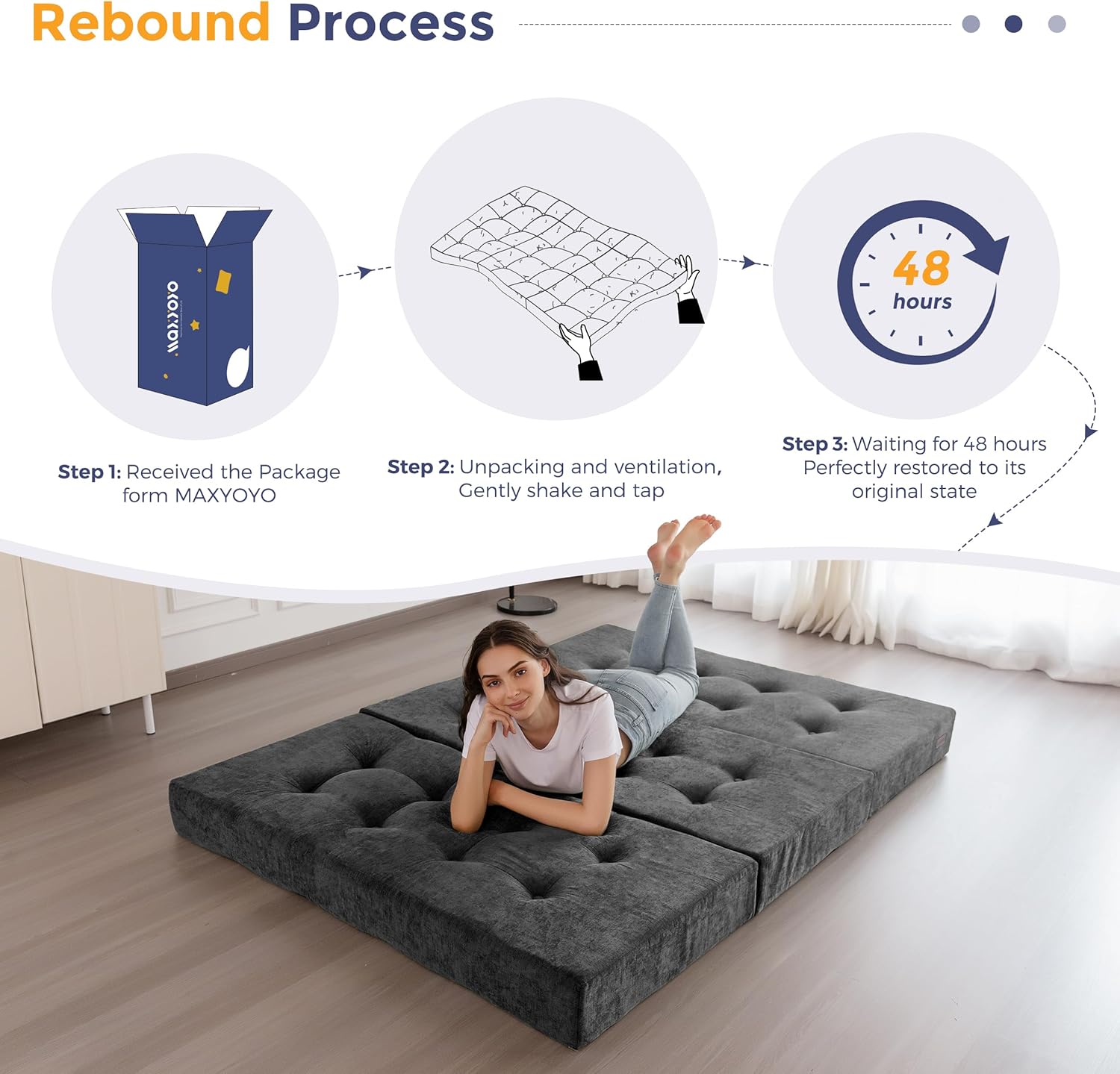 MAXYOYO 6' Folding Sofa Bed for Floor, Tufted Tri-Fold Floor Mattress with Chenille Fabric, Twin Size Portable Sofa Couch Guest Mat for Adults, Foldable Topper for Camping, Dark Grey, 35.4'x75'