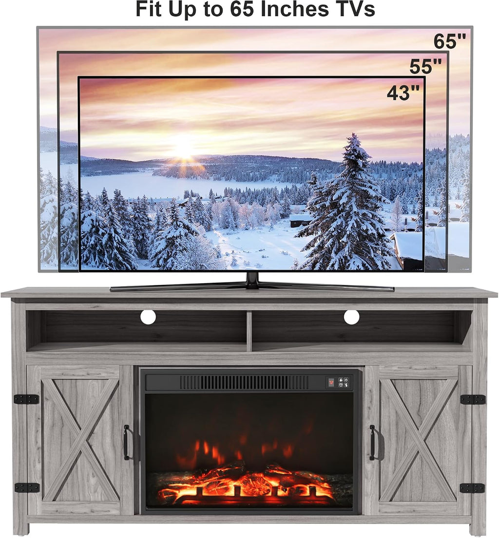 Furmax Farmhouse Fireplace TV Stand for TVs Up to 65 Inch Highboy Entertainment Center with Open Storage and Side Cabinets Rustic Media Console Table with Barn Doors for Living Room (Grey Wash)