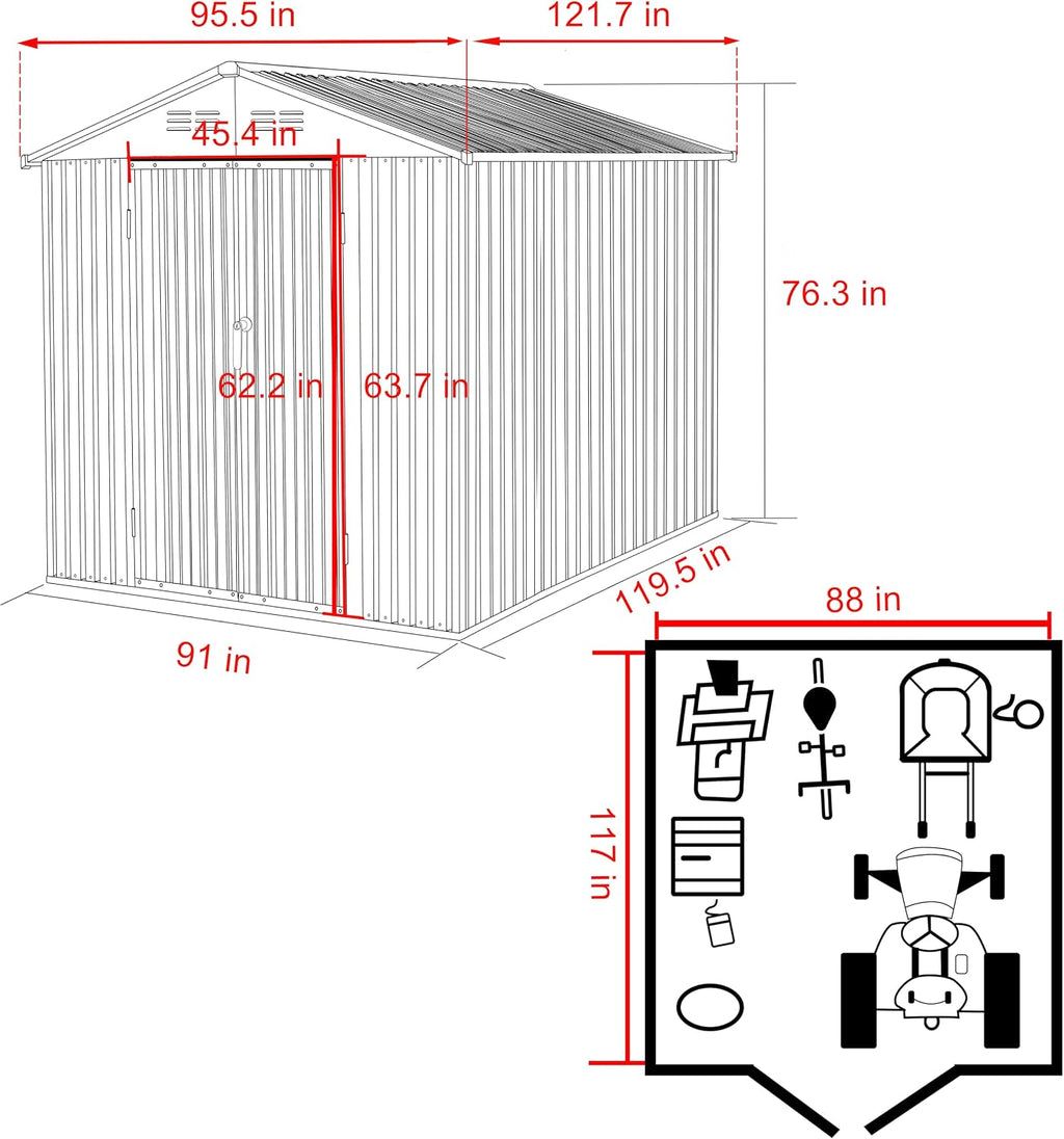 Yardenaler 8x10 FT Metal Storage Shed for Outdoors, Garden Tool Shed Kit with Doors & Lock, Waterproof Patio Utility Tool Shed for Garden and Backyard, Gray