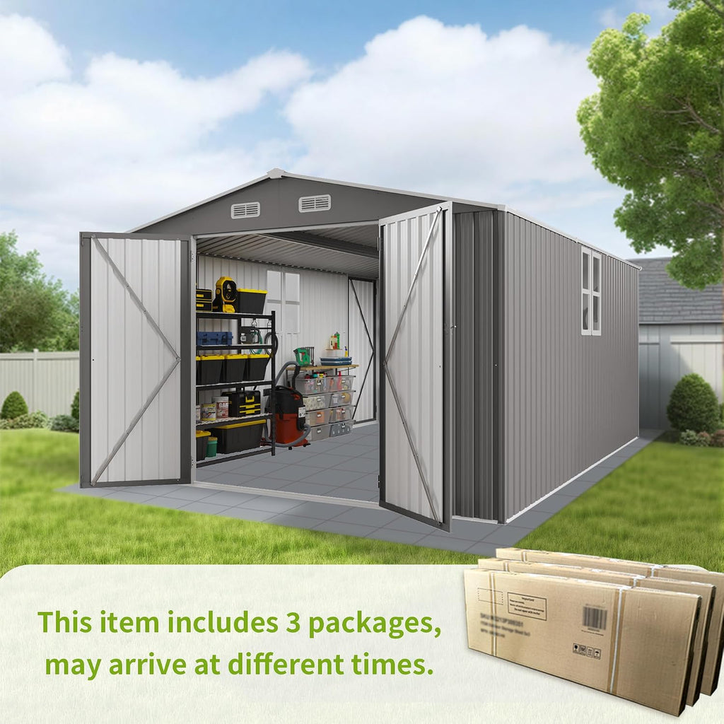 YOPTO 10x14 FT Outdoor Storage Shed,Metal Shed W/ 3 Lockable Doors & Window,Garden Tool House W/ 4 Air Vents & Sloped Roof,All Weather Waterproof for Backyard,Patio,Lawn,Grey