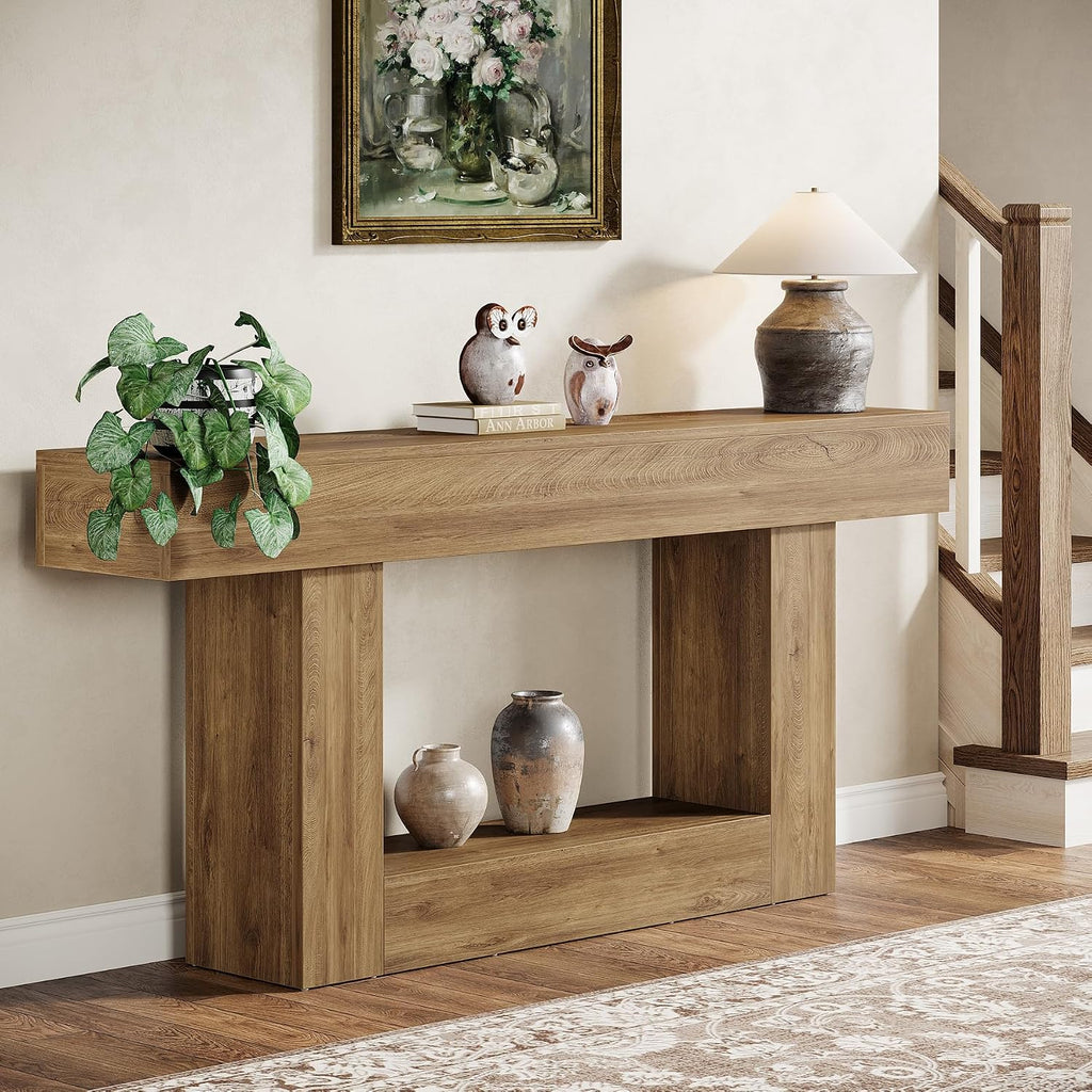 Tribesigns 63' Console Table, Farmhouse 2-Tier Entryway Table with U-Shaped Base, Narrow Long Wood Sofa Table Behind Couch Table for Living Room, Hallway, Foyer, Light Brown
