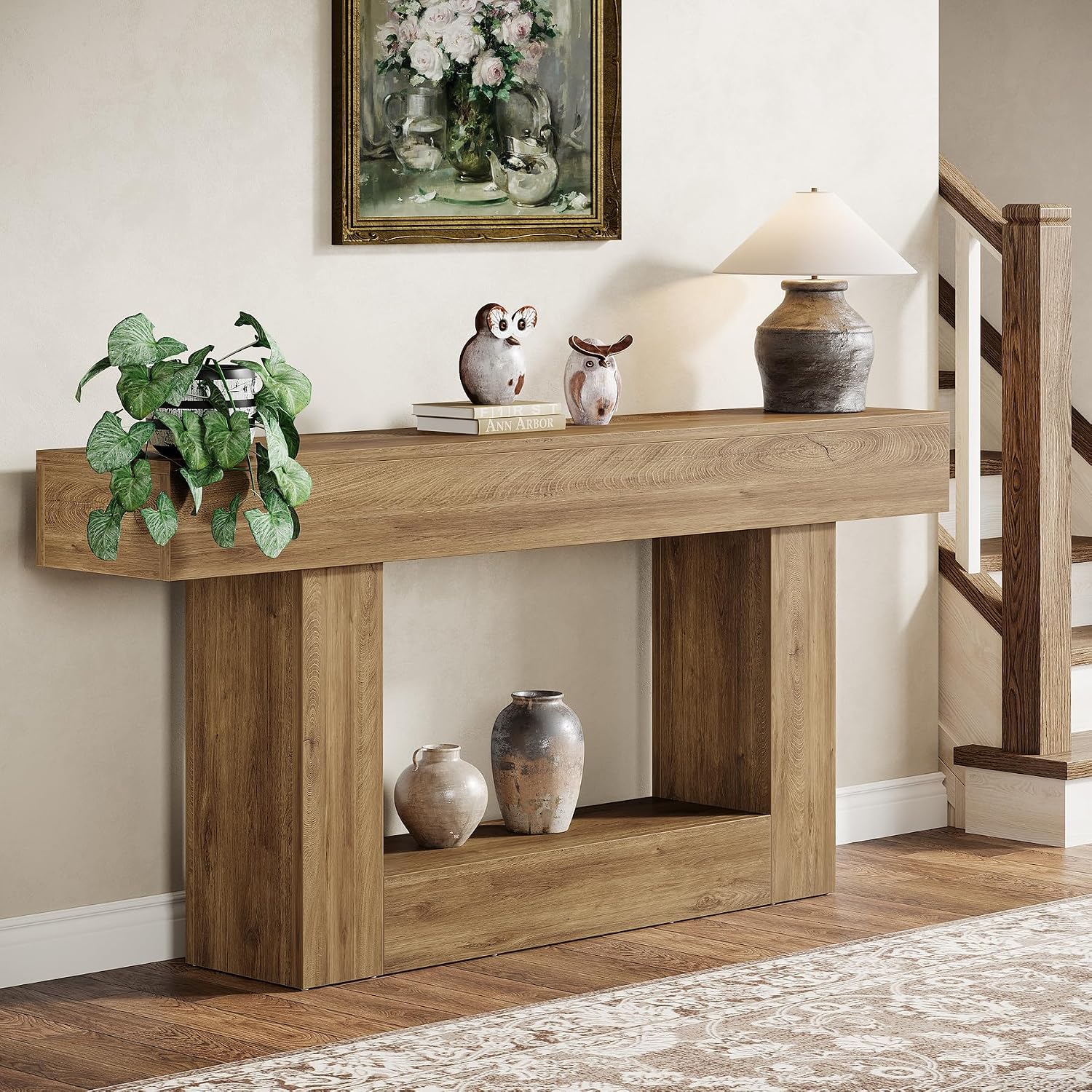 Tribesigns 63' Console Table, Farmhouse 2-Tier Entryway Table with U-Shaped Base, Narrow Long Wood Sofa Table Behind Couch Table for Living Room, Hallway, Foyer, Light Brown