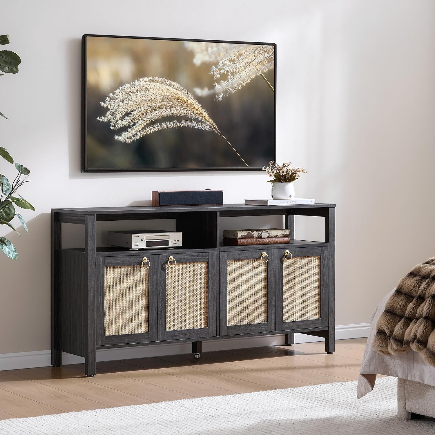 SICOTAS Rattan TV Stand for Television up to 65 Inch - 29.5' Tall Entertainment Center with Storage and Open Shelves,Boho Credenza TV Console Cabinet with 4-Doors and Adjustable Shelf for Living Room