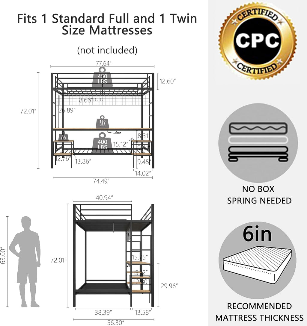 Bellemave Full Over Twin bunk Bed with Desk, loft Bed with Desk and Shelves, Full Over Twin Metal Bunk Beds with Charging Station, Black & Nature Oak