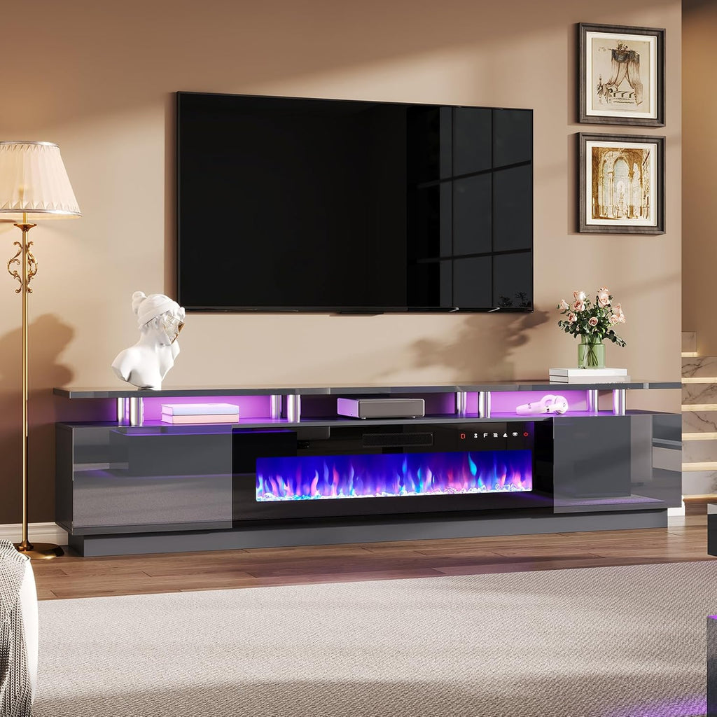 AMERLIFE 90' 2 Tier Fireplace TV Stand with 50' Fireplace, Modern Large Entertainment Center LED Lights, Media Console Table Storage Cabinet for TVs Up to 100', Living Room, Gray