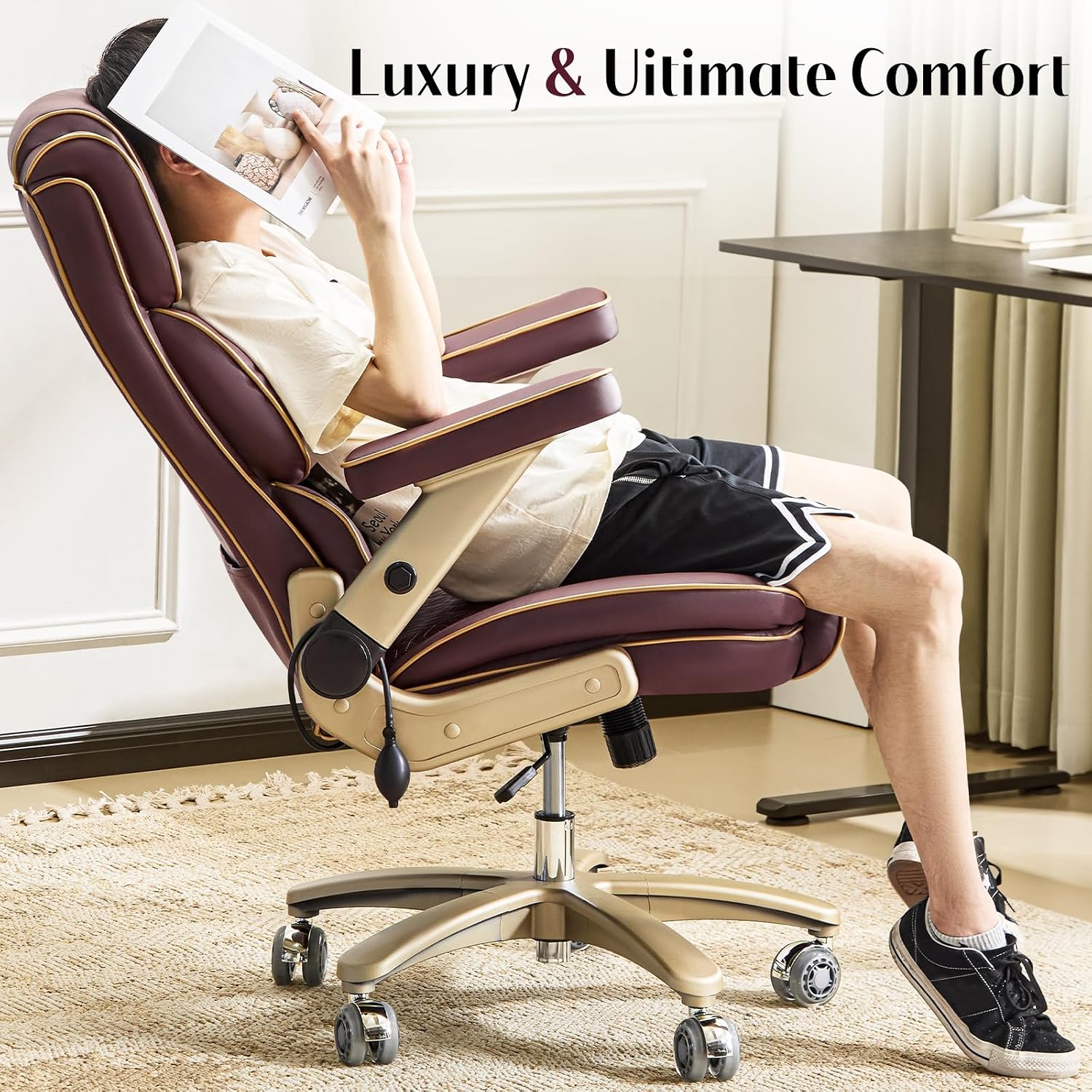 Heavy Duty Executive Leather Chair, Big and Tall Office Chair 500lbs with 5D Flip-up Armrests, Comfortable Seat, Adjustable Lumbar, High Back, Large Computer Desk Chair for Home Office, Brown