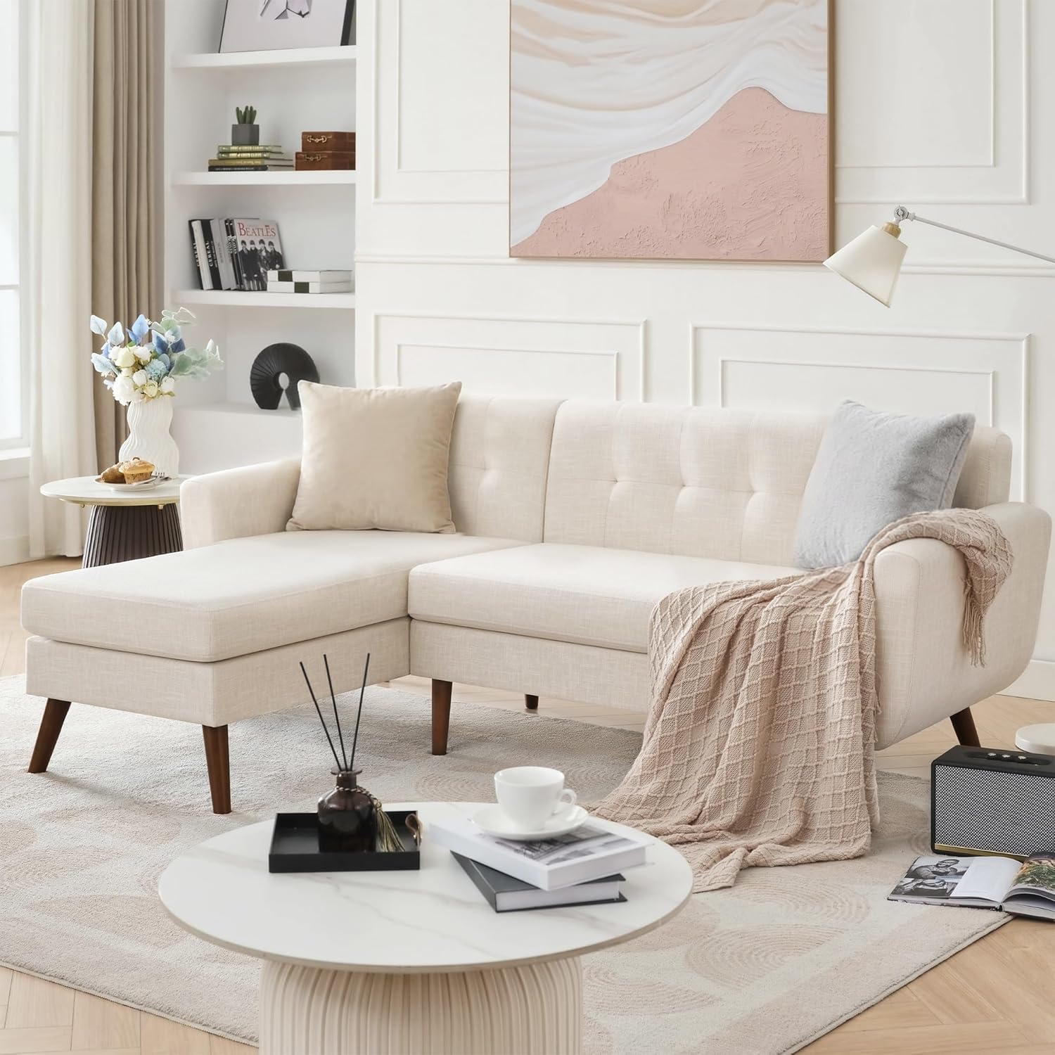 Tbfit L Shaped Couch Sofa, 80' W Mid-Century Modern Sectional Couches, 3 Seater Sofas with Wide Chaise Lounge, Button Tufted Upholstered Sectional Sofa for Living Room, Bedroom, Beige