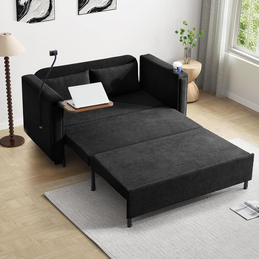 3-in-1 Convertible Sleeper Sofa Couch with Pullout Bed, Loveseat Sleeper Sofa Bed with Hidden Side Table, 56' Full Size Folding Futon Couch for Living Room Guest Room Apartment Home Office (Black)