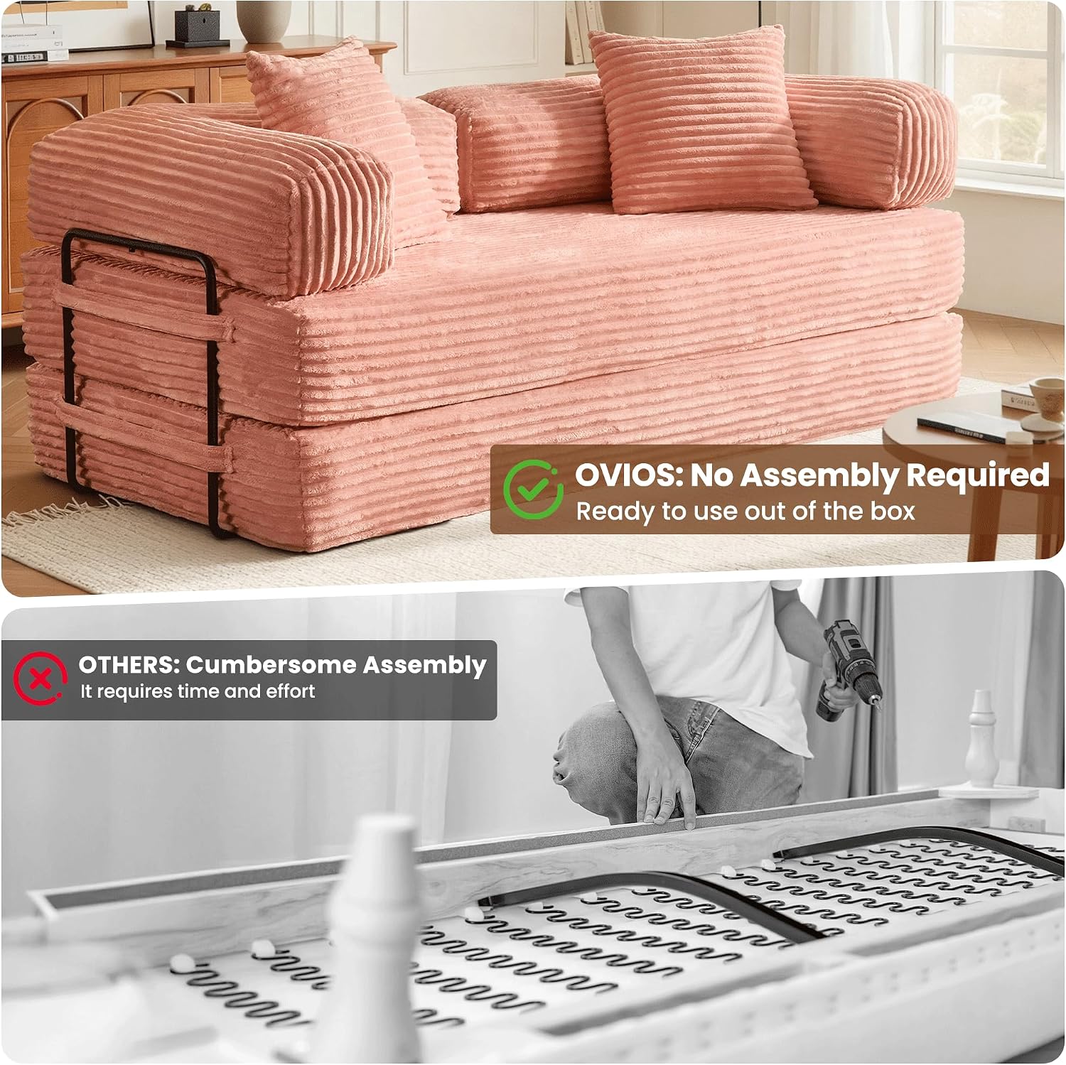 ovios 81' Folding Sofa Bed, Foldable Sleeper Boneless Couch with Pull Out Beds, Modular Convertible Floor Futon Loveseat Lounger for Living Room (Faux Fur, Pink)
