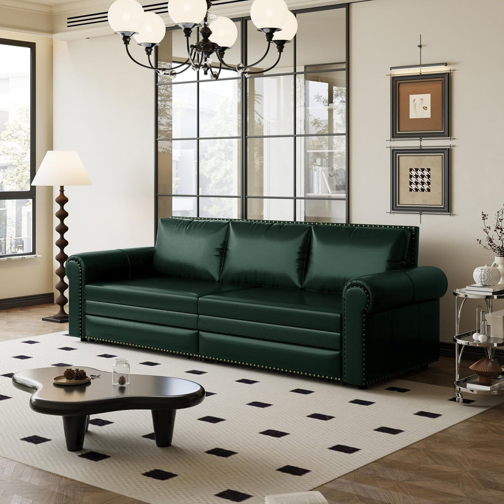 93.7' King Pull Out Sofa Bed, Faux Leather Sleeper Sofa Couch, 3 in 1 Convertible Futon Couches for Living Room, Small Space, Apartment, Office, Bedroom, Modern Rivet Armrest, Green