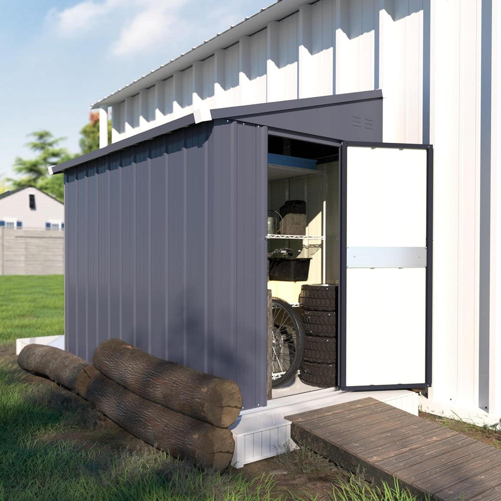 Yardenaler 4x6 FT Metal Outdoor Lean to Storage Shed, Garden Tool Shed Kit with Door & Lock, Waterproof Patio Utility Tool Shed for Backyard and Garden, Gray