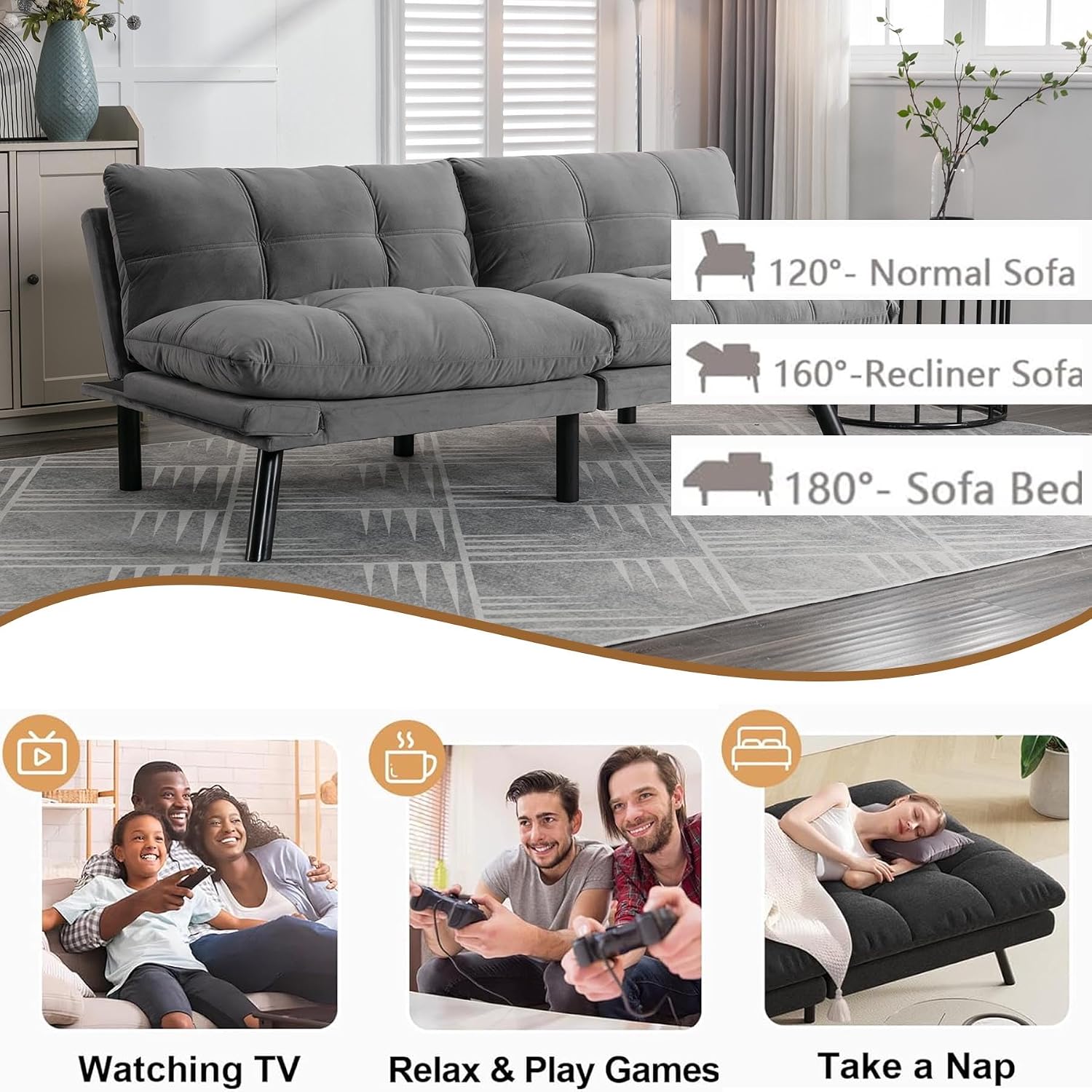 Anwick Velvet Convertible Futon Sofa Bed,71' Modern Comfy Loveseat Sleeper Sofa with Adjustable Backrest Armrest,Folding Futon Sleeper Recliner for Living Room,Office,Apartment (Light Grey)