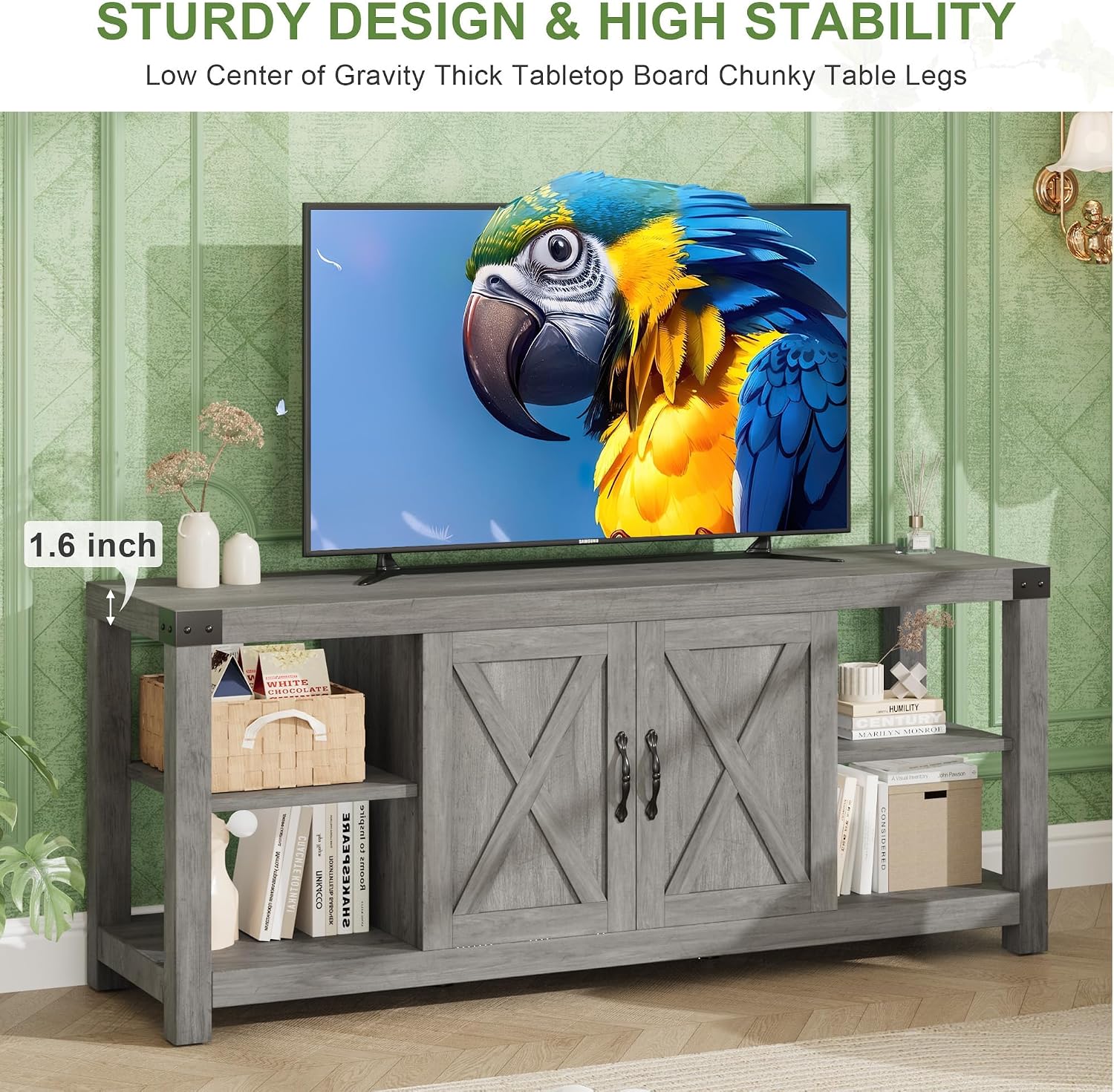 Garvee TV Stand for 65'' TV, Farmhouse Entertainment Center with Storage, 60'' TV Console Table with Shelves, Modern Media Console Cabinet with Doors, Wooden TV Stand for Living Room, Bedroom, Grey