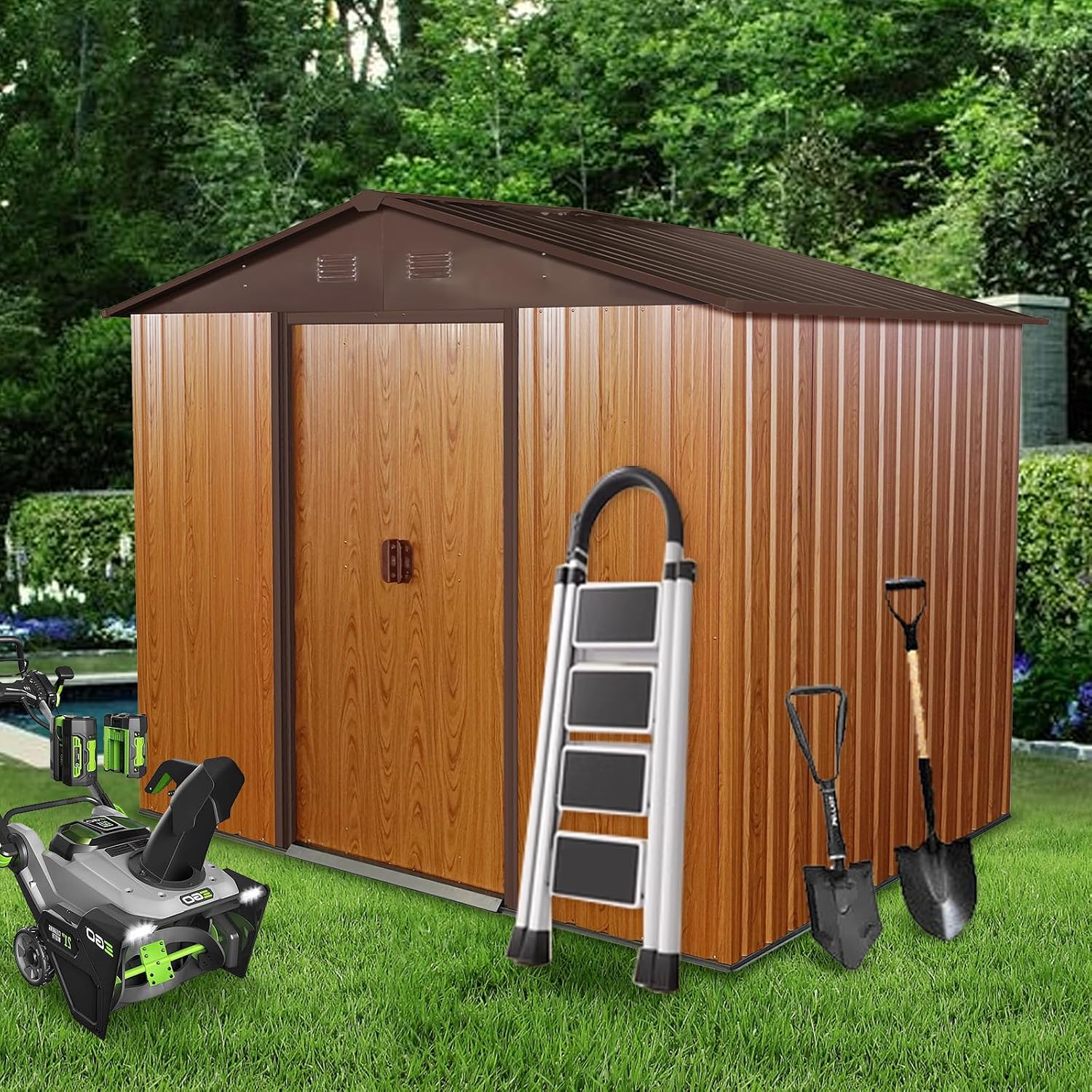 KEIKI 8x6 FT Outdoor Metal Storage Shed with Peaked Roof,Vents and Lockable Sliding Door for Garden Yard Lawn