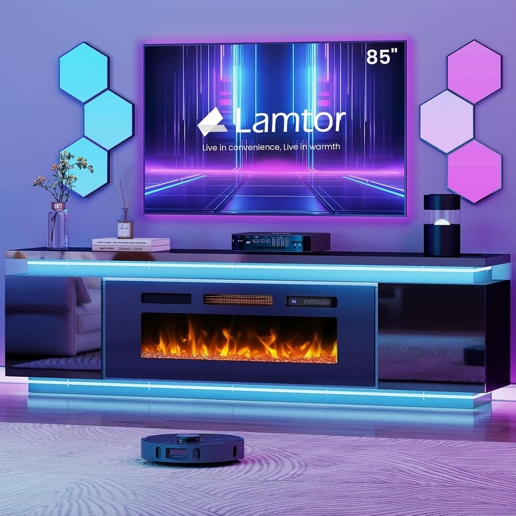 Lamtor Fireplace TV-Stand with 40' Fireplace - 2 LED Light TV-Stand for 85 inch TVs - Entertainment Center with 4 AC Power Outlets - 2 Tier TV Consoles Stand for Living Room, Black