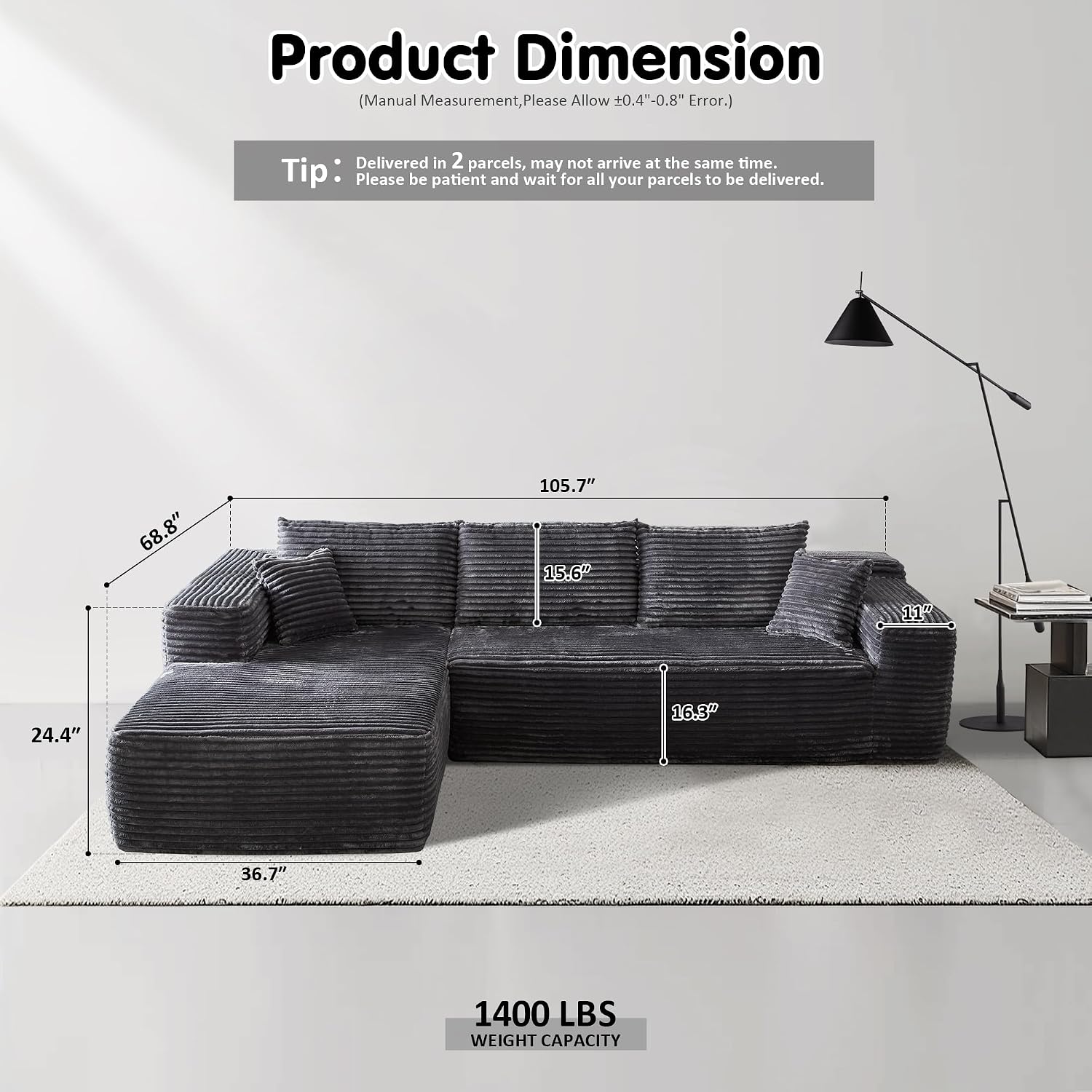 ovios 104' Cloud Boneless Couch with L-Shape Chaise,Modern Sectional Modular Sofa with Deep Seat, Upholstered Couches for Living Room Bedroom,No Assembly Required, Grey (Plush Corduroy Fabric)