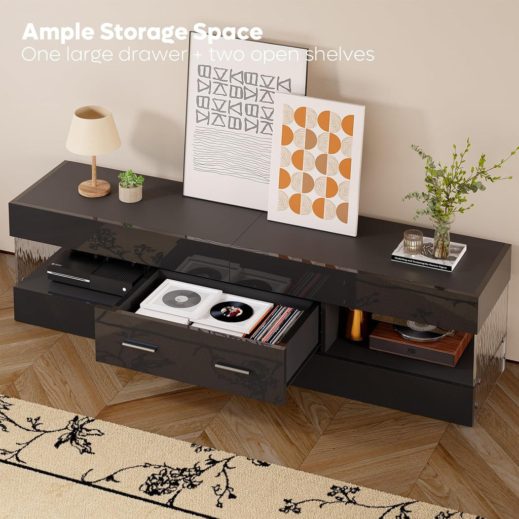 Bestier Black TV Stand for 55/60/65 Inch TV, High Gloss Modern TV Stand with Stone-Patterned Side Panels, LED Entertainment Center with Large Drawer, TV Consoles for Living Room, Bedroom