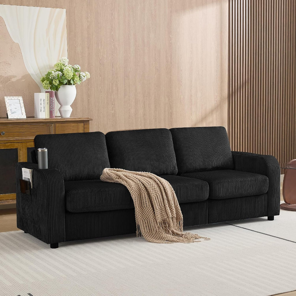87.4' Oversized 3 Seater Couch, Upholstered Sofa for Living Room,Modern Deep Seat Comfy Loveseat Couches with Cup Holders,Corduroy Love Seat Sofa (Black)