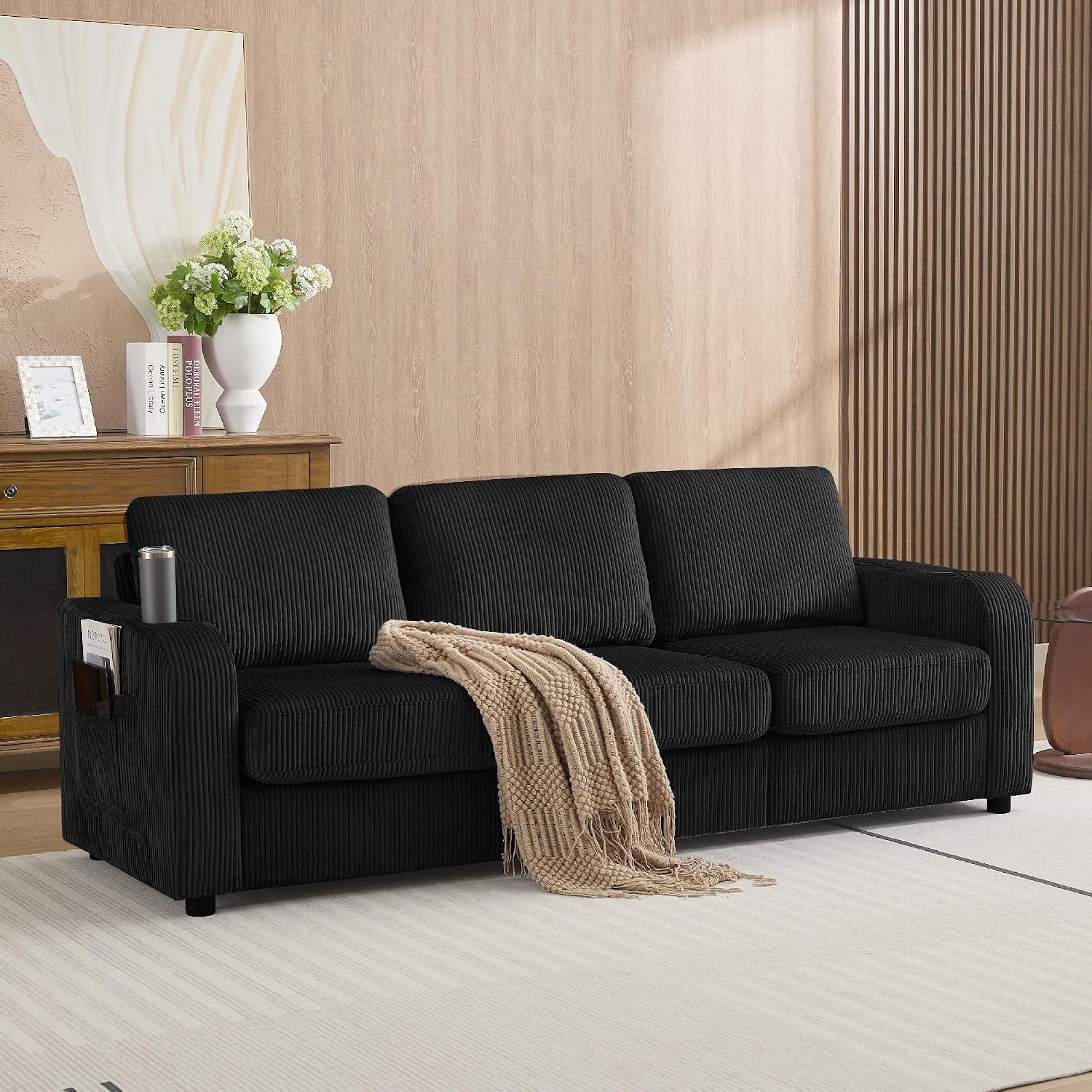 87.4' Oversized 3 Seater Couch, Upholstered Sofa for Living Room,Modern Deep Seat Comfy Loveseat Couches with Cup Holders,Corduroy Love Seat Sofa (Black)