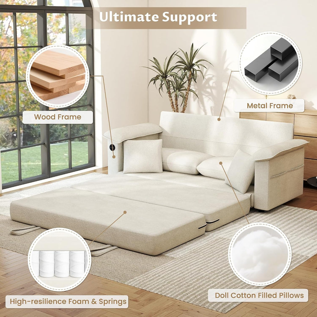 SUNWAVE 77' Sleeper Sofa Convertible Sofa Bed with USB Ports & Side Pockets, Chenille Loveseat Pull Out Couch with Full Size Sleeping Area, Folding Sofa Bed for Living Room & Small Spaces (Ivory)