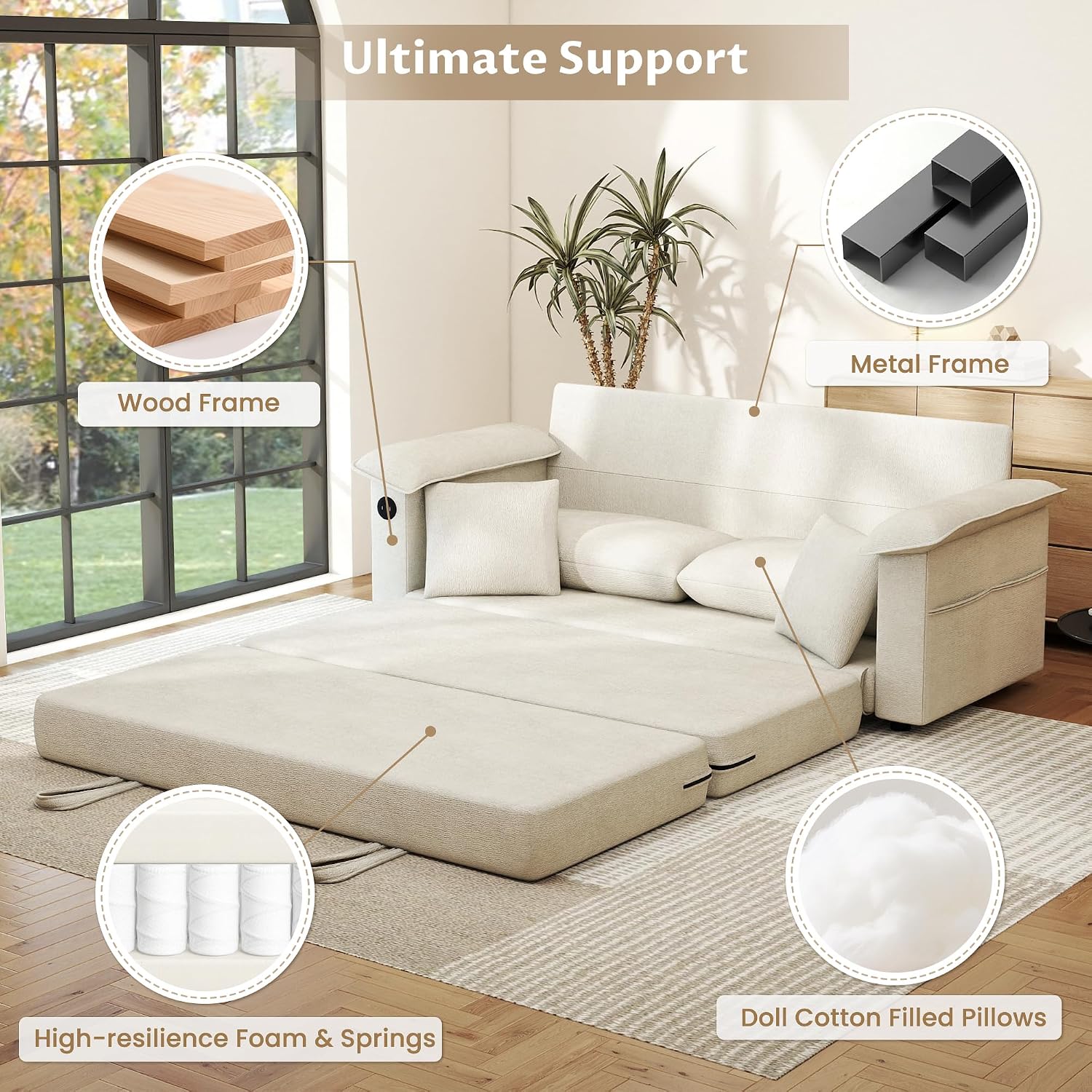 SUNWAVE 77' Sleeper Sofa Convertible Sofa Bed with USB Ports & Side Pockets, Chenille Loveseat Pull Out Couch with Full Size Sleeping Area, Folding Sofa Bed for Living Room & Small Spaces (Ivory)
