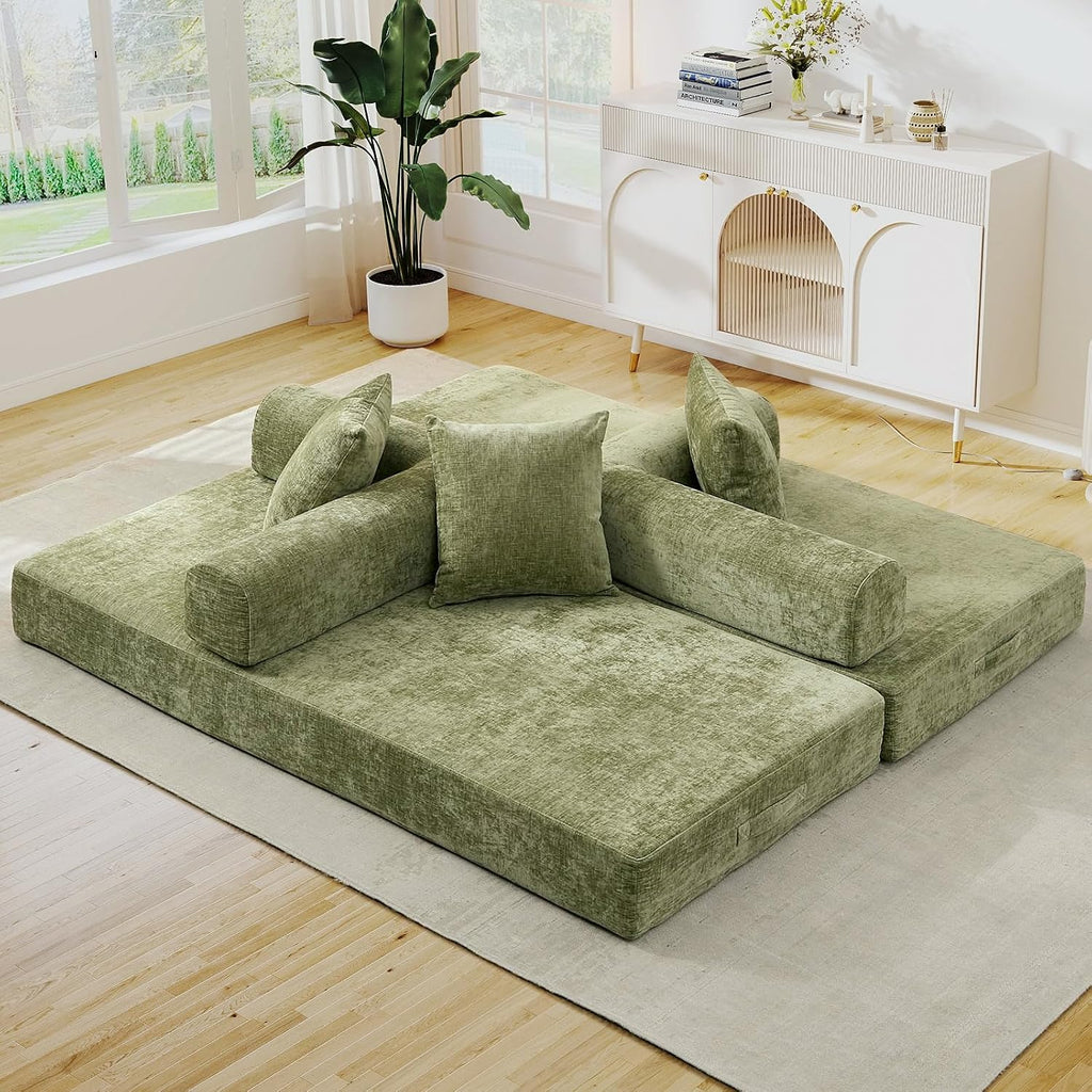 Deolme 3 in 1 Convertible Futon Sofa Bed, Modern King Size Chenille Loveseat Sleeper Sofa Folding, 3-Seater Foldable Lounger Couch Bed for Living Room, Bedroom Guest Room (Green, 3 Throw Pillows)