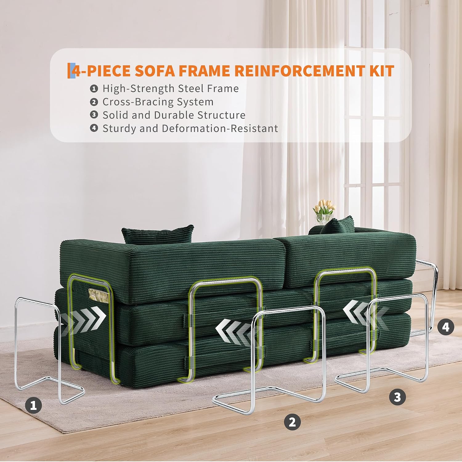 Garvee 5-in-1 Convertible Sofa Bed, 78.8' Modular Corduroy Sleeper with Sturdy Frame & No Assembly, Multi-Functional Futon for Small Space, Living Room & Guest Room (Green) (Dark Green)
