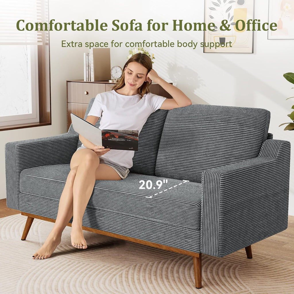 65.4' Loveseat Sofa,Comfy Grey Corduroy Love Seat Couches for Living Room,Mid Century Modern Small Couch for Bedroom Office with Spring Cushion,Solid Wood Frame,Tool-Free Assembly