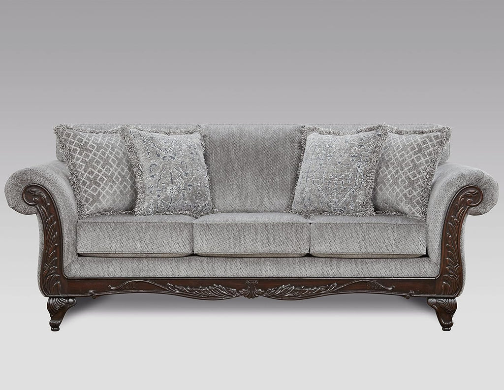 Hernen Carved Wood Frame Sofa, Gray