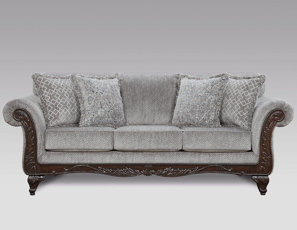 Hernen 2-Piece Living Room Set, Carved Wood Frame Sofa and Loveseat, Gray