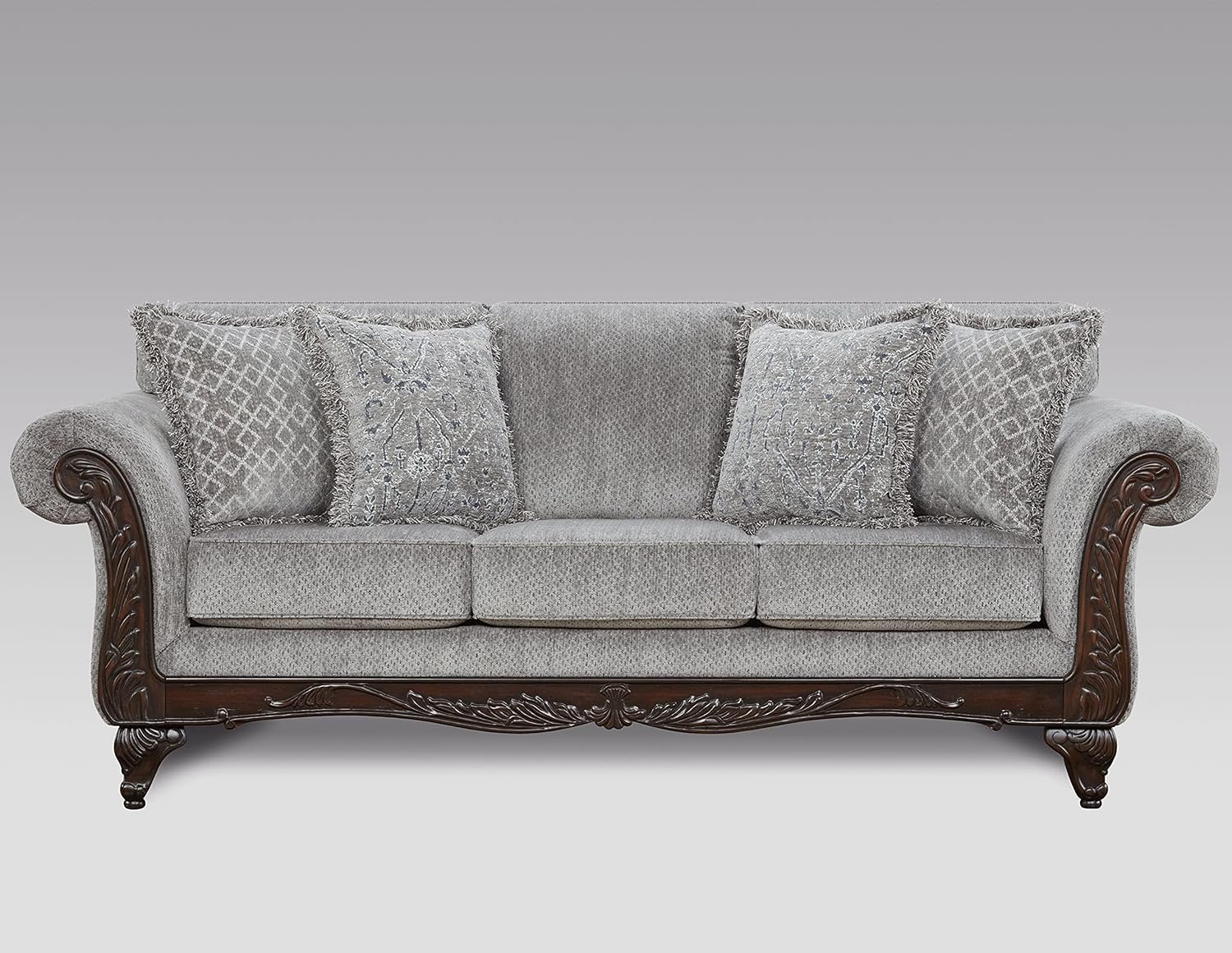 Hernen 2-Piece Living Room Set, Carved Wood Frame Sofa and Loveseat, Gray