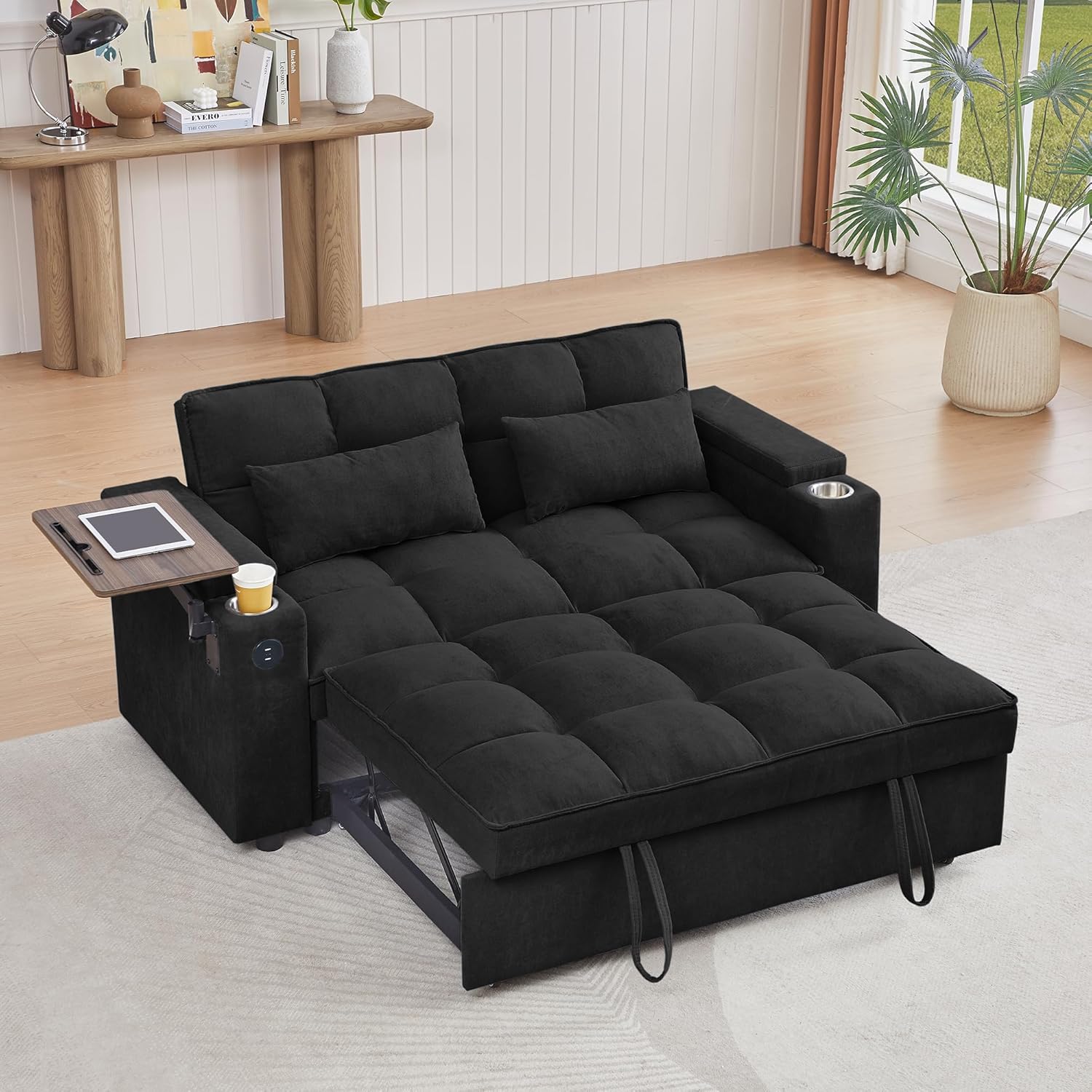 hansones 66' Multi-Functional Pull-Out Sofa Bed with Hidden Side Table, Storage Armrests, Built-in Charging Port, Spring Mattress, Solid Wood Frame – Ideal for Small Spaces, Easy Assembly