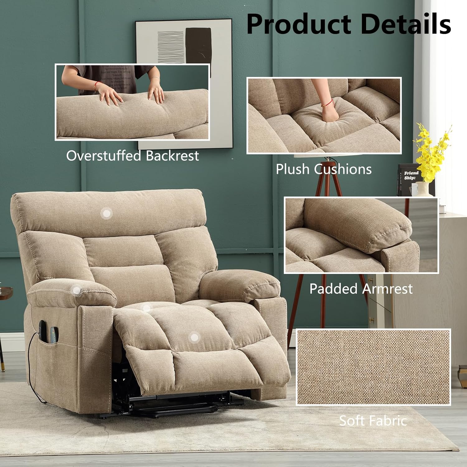 CANMOV Dual Motor Power Lift Recliner Chair for Elderly, 27' Extra-Wide Seat 450 lbs Weight Capacity Infinite Position Adjustment, with Heated Massage, Cup Holders and USB Port, Camel Fabric