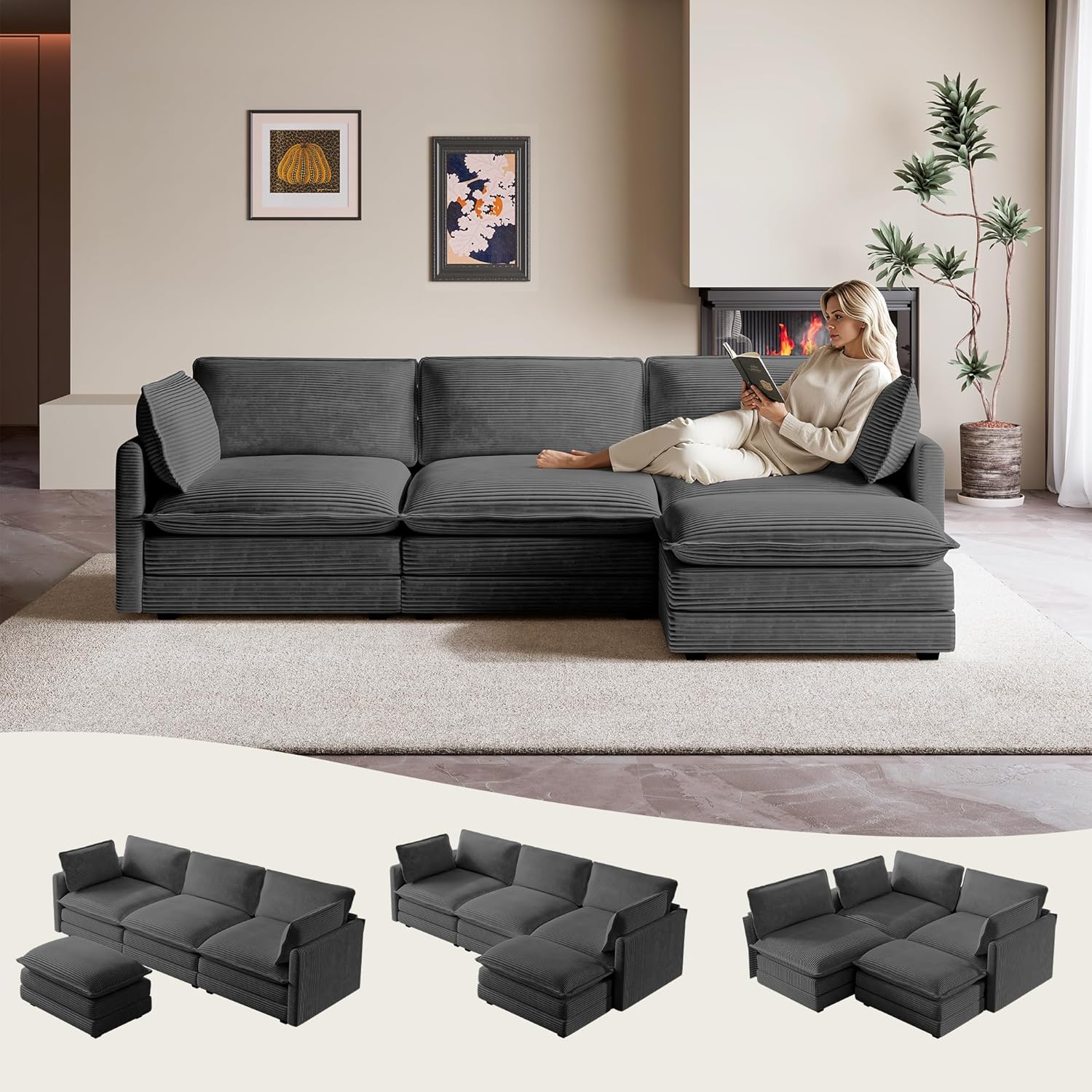 ROWHY 104'' Modular Sectional Cloud Couch with Movable Ottoman, 4 Seat Modern Corduroy Sofa, Deep Seat L Shaped Couch for Living Room Bedroom Apartment, Dark Grey
