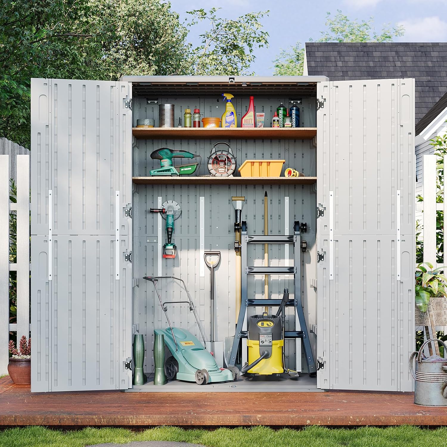 Aoxun Outdoor Storage Shed, 64 Cu.Ft Vertical Storage Sheds Outdoor with Floor, Outdoor Waterproof Storage Cabinet for Garage Storage, Pool Storage, Bike Shed, Garden Shed (White)