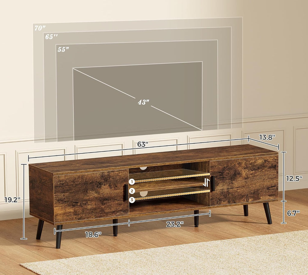 SUPERJARE TV Stand for 55, 65 Inch TV, 63 Inch Entertainment Center with Adjustable Shelf, 2 Cabinets, TV Console Table, Media Console, Solid Wood Feet, 4 Cord Holes, for Living Room, Rustic Brown
