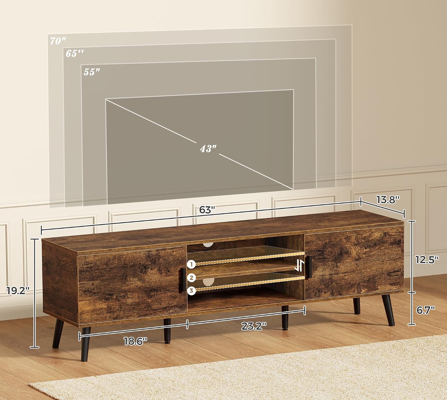 SUPERJARE TV Stand for 55, 65 Inch TV, 63 Inch Entertainment Center with Adjustable Shelf, 2 Cabinets, TV Console Table, Media Console, Solid Wood Feet, 4 Cord Holes, for Living Room, Rustic Brown