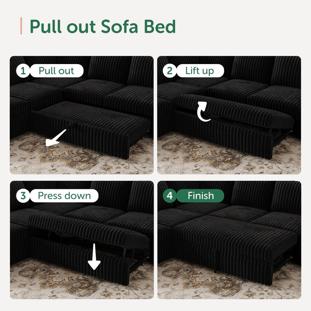 HONBAY Modular Sectional Sleeper Sofa with Pull Out Bed,Corduroy U Shaped Couch with Storage, Sectional Couches for Living Room,Black