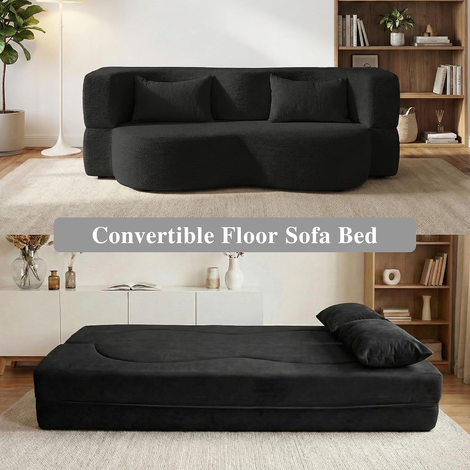 2-in-1 Convertible Sofa,78 Inch Folding Sofa Bed Pull Out Sofa with 2 Pilow Lazy Sofa, Teddy Loveseat Sleeper Floor Sofa for Apartment Children's Room Bedroom Living Room (Teddy, Black)