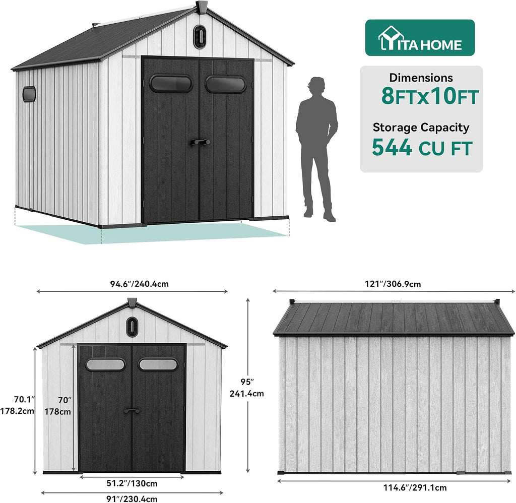 YITAHOME 8x10ft Outdoor Plastic Storage Shed with Floor, Extra Thick Waterproof Garden Shed with Lockable Door, Oval Vision Windows &Vents, 16mm Heavy Duty Tool Storage for Patio, Lawn, Bikes, Gray
