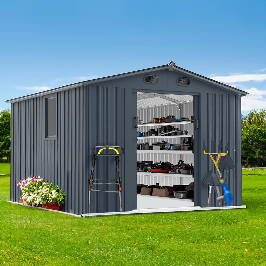 10x8FT Metal Outdoor Storage Shed, Garden Tool Shed Without Floor, Garage Shed with Window and Lockable Doors, for Garden Bike Lawnmower