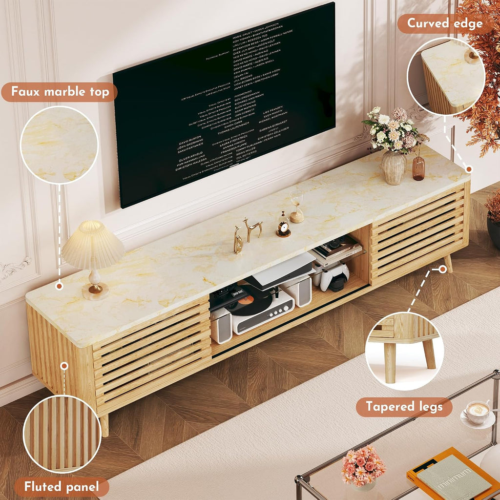 HUAHUU 70' TV Stand with Faux Marble Top for TVs up to 80', Mid Century Modern TV Console with Slatied Sliding Door, Entertainment Center with Adjustable Glass Shelves for Bedroom, Living Room, Oak