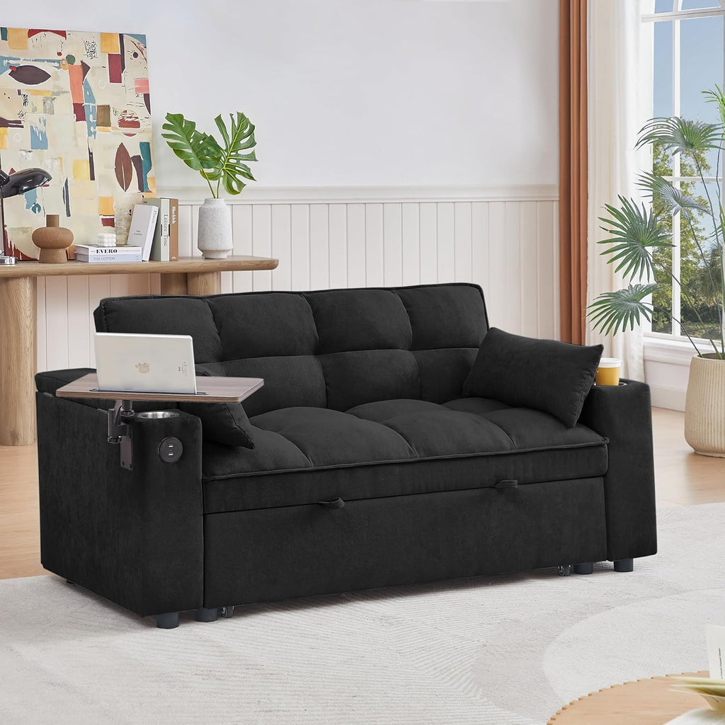 hansones 65'' 3-in-1 Folding Convertible Sofa Bed, Pullout Sofa, Modern Chenille Fabric, 360° Swivel Side Table, Easy Assembly, Perfect for Living Room, Black