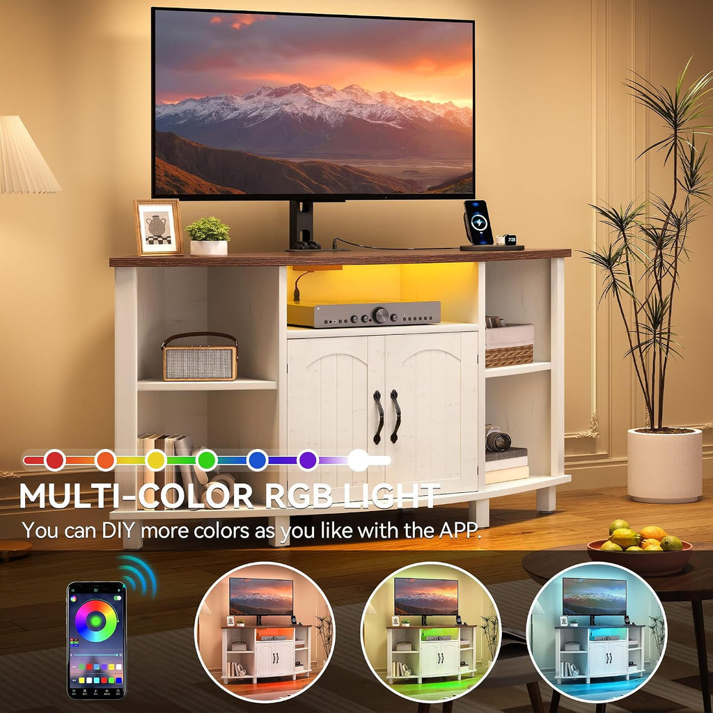 YITAHOME Corner TV Stand with Mount for Living Room, Led Entertainment Center with Storage & Power Outlets, Farmhouse TV Stand for 70 Inch TV, Walnut & Warm White