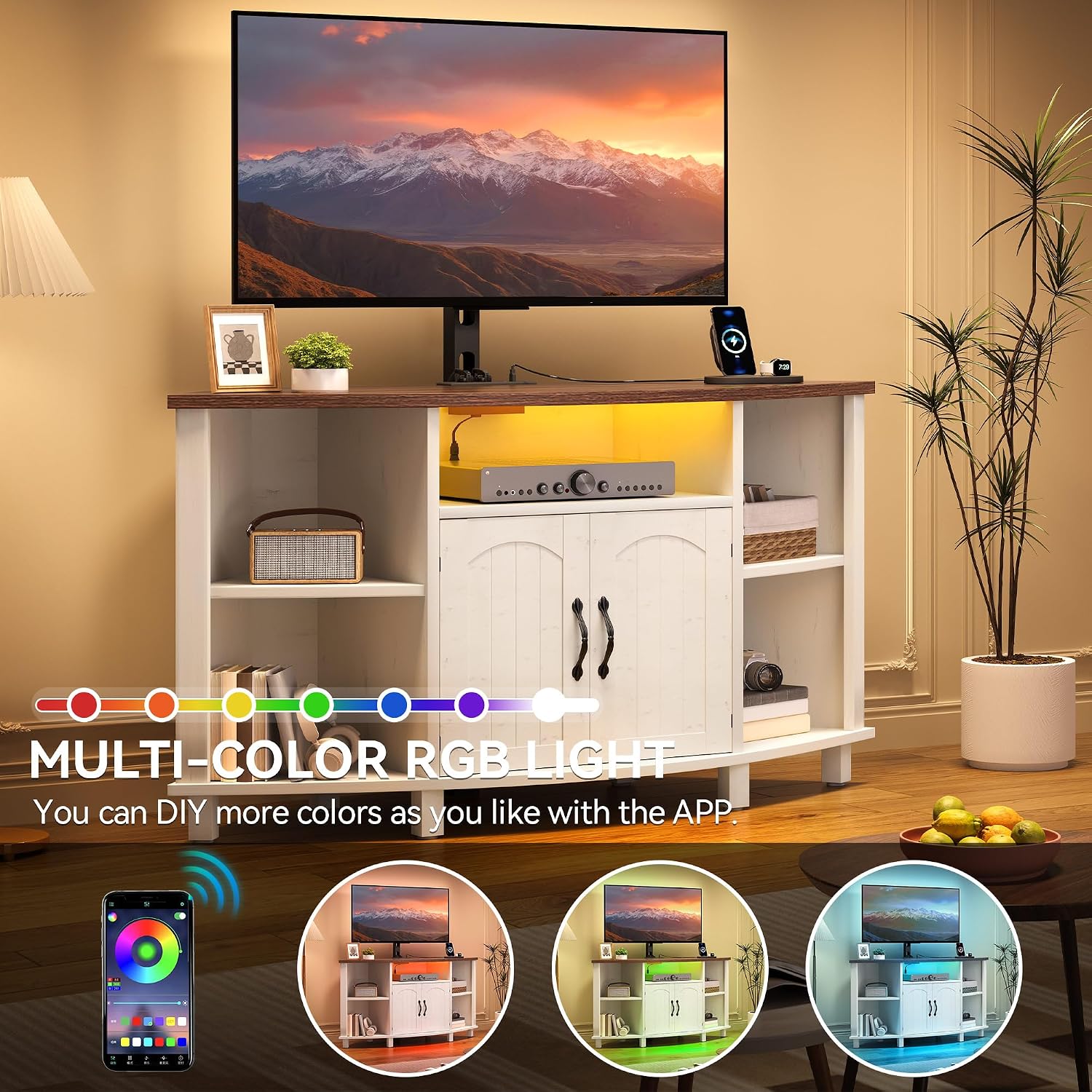 YITAHOME Corner TV Stand with Mount for Living Room, Led Entertainment Center with Storage & Power Outlets, Farmhouse TV Stand for 70 Inch TV, Walnut & Warm White