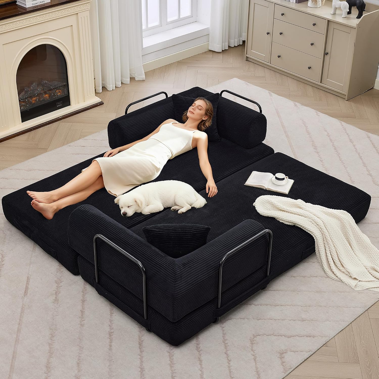IDEALHOUSE 4 in 1 Convertible Sleeper Sofa Bed Couch, 79 Inch Boneless Corduroy Floor Couch with Pillows, No Assembly, Modern Deep Seat Sofa Futon Mattress for Living Room,Apartment,Black