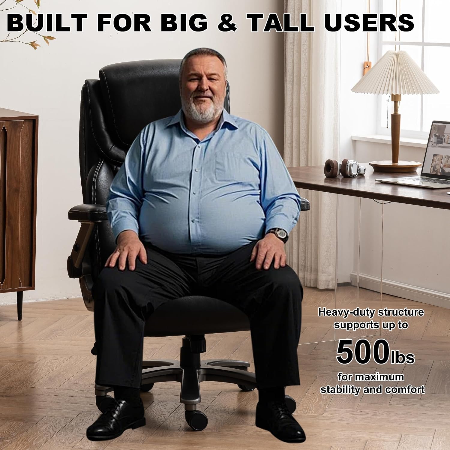 Vigosit 500 lbs Executive Office Chair for Big and Tall, Ergonomic High-Back Desk Chair with Adjustable Headrest, 3D Reversible Armrests, Silent Casters, Heavy Duty PU Leather Computer Chair (Black)