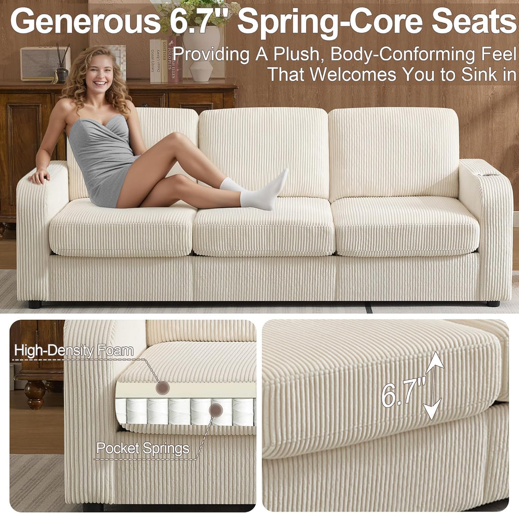87.4' Oversize 3 Seater Couch, Upholstered Modern Sofa for Living Room, Comfy Deep Seat Loveseat Couch with Cup Holders,Corduroy Love Seat Sofa (Beige)