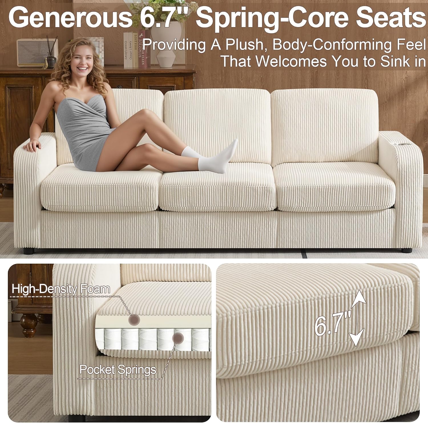 87.4' Oversize 3 Seater Couch, Upholstered Modern Sofa for Living Room, Comfy Deep Seat Loveseat Couch with Cup Holders,Corduroy Love Seat Sofa (Beige)